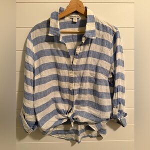 Coldwater Creek Blue and White Striped 100% Linen Button Down Shirt Size Medium